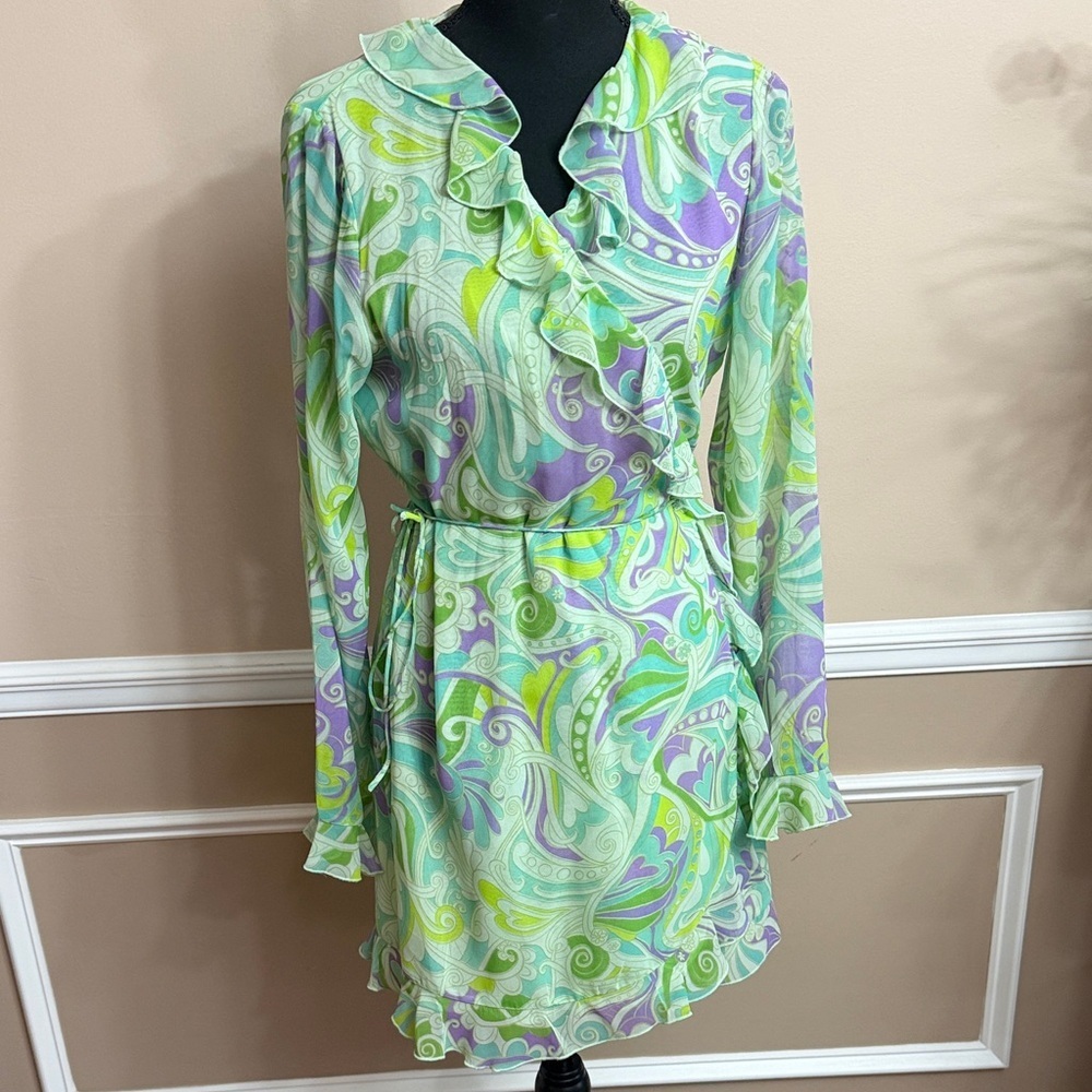 Pastel Paisley Ruffle Wrap Dress - Green & Lavender